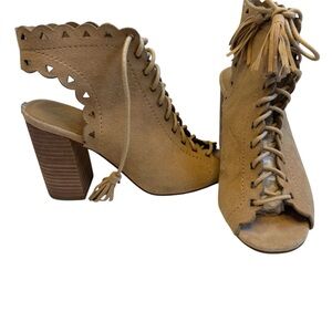 Guess Onila Tan Suede Laser Cut Lace-Up Bootie Heeled Sandal Size 7.5